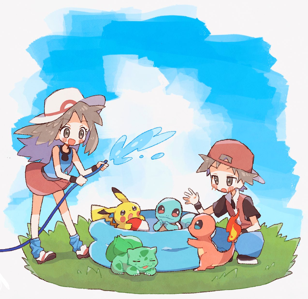 1boy 1girl backwards_hat baseball_cap black_footwear black_wristband blue_eyes blue_pants blue_shirt blue_sky blue_socks blush_stickers bright_pupils brown_eyes brown_hair bulbasaur charmander closed_eyes clouds cloudy_sky day flame-tipped_tail grass hand_up hands_up hat highres holding holding_hose hose leaf_(pokemon) leaning_forward long_hair lying mgomurainu on_grass on_stomach open_mouth outdoors pants pikachu pokemon pokemon_(creature) pokemon_frlg red_(pokemon) red_headwear red_skirt red_vest shirt shoes short_hair skirt sky sleeveless sleeveless_shirt smile socks splashing squatting squirtle sun_hat vest wading_pool water white_footwear white_headwear