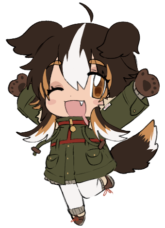 1girl animal_ears animal_hands arms_up blush_stickers borrowed_character brown_eyes brown_footwear brown_gloves brown_hair chest_harness chibi coat dog_ears dog_girl dog_tail drooling fang full_body gloves green_coat hair_between_eyes harness lapithai long_hair long_sleeves looking_at_viewer lowres mouth_drool multicolored_hair one_eye_closed open_mouth original pants paw_gloves sidelocks simple_background solo standing standing_on_one_leg streaked_hair tail transparent_background white_hair white_pants