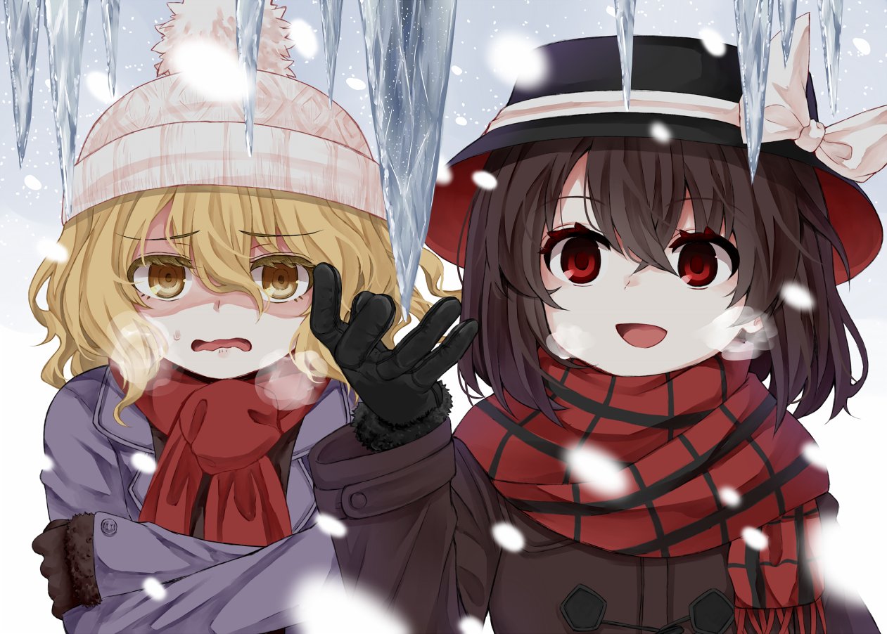 2girls :d black_gloves black_headwear blonde_hair bow breath brown_coat brown_hair clouds cloudy_sky coat commentary_request crossed_arms fedora gloves hat hat_bow ice long_sleeves maribel_hearn multiple_girls open_clothes open_coat open_mouth outdoors plaid plaid_scarf pom_pom_(clothes) purple_coat red_eyes red_scarf scarf short_hair sky smile stalactite touhou upper_body usami_renko wavy_mouth white_bow white_headwear wind yellow_eyes zetsumame