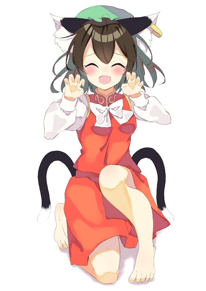 1girl ^_^ animal_ear_fluff animal_ears barefoot blush brown_hair cat_ears cat_girl cat_tail chen claw_pose closed_eyes commentary_request double-parted_bangs ear_piercing facing_viewer fang floating_hair full_body green_headwear hair_between_eyes hands_up hat long_sleeves medium_hair mob_cap multiple_tails on_one_knee open_mouth piercing red_shirt red_skirt seika_okawari shirt simple_background skirt sleeveless sleeveless_shirt smile solo straight-on tail touhou two_tails white_background white_shirt