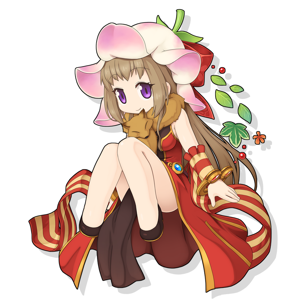 1girl animal_around_neck bangle black_footwear bow bracelet breasts brown_hair closed_mouth commentary_request detached_sleeves dress flower_hat fox full_body hat hat_bow jewelry leaf long_hair looking_at_viewer medium_bangs medium_breasts official_art pelvic_curtain pink_headwear professor_(ragnarok_online) ragnarok_online red_bow red_dress red_sleeves shoes simple_background sleeveless sleeveless_dress smile solo striped_sleeves transparent_background violet_eyes white_sleeves yuichirou