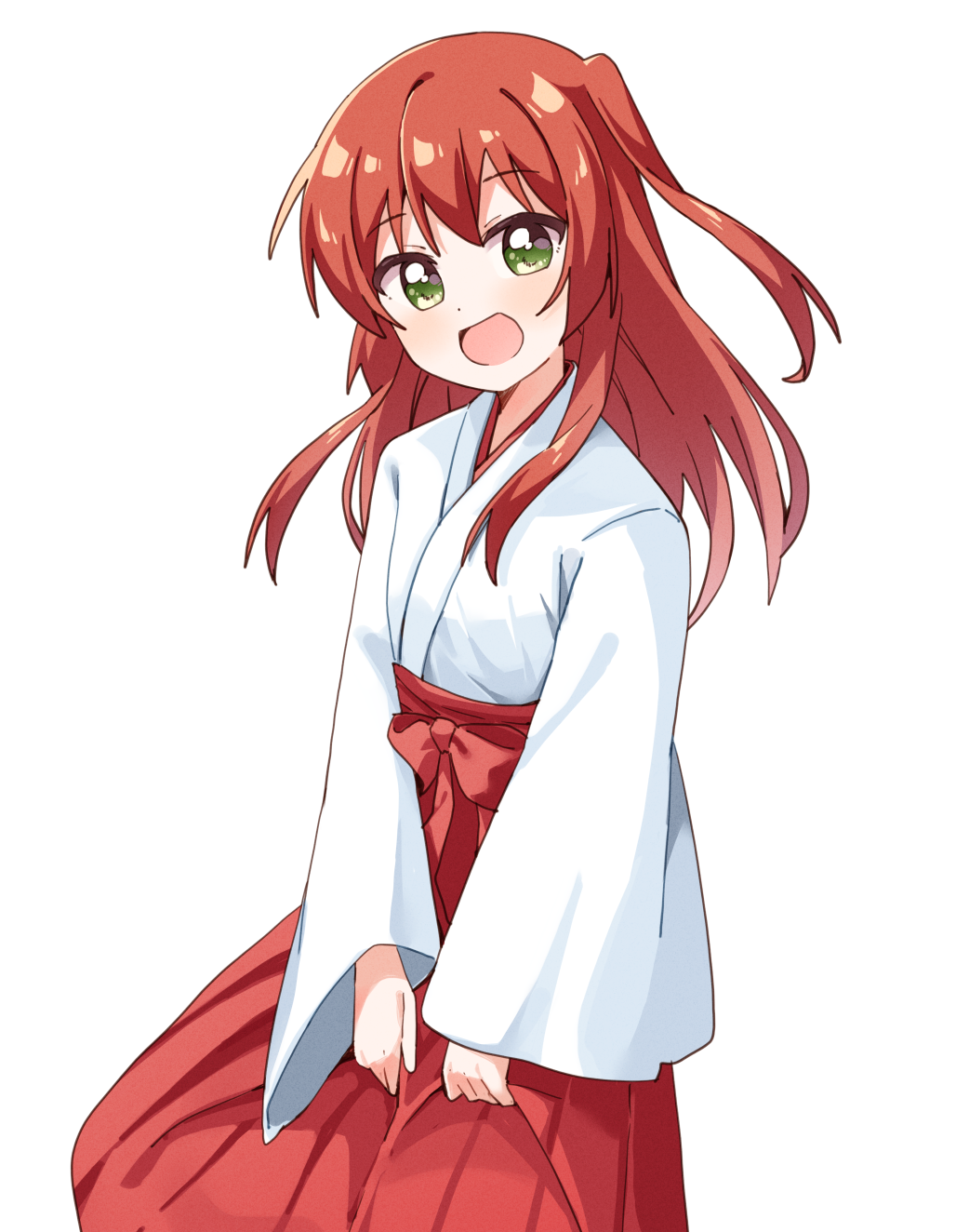 1girl blush bocchi_the_rock! green_eyes hair_between_eyes hakama haru_(konomi_150) highres japanese_clothes kita_ikuyo long_hair long_sleeves looking_at_viewer miko one_side_up open_mouth red_hakama redhead simple_background smile solo white_background wide_sleeves