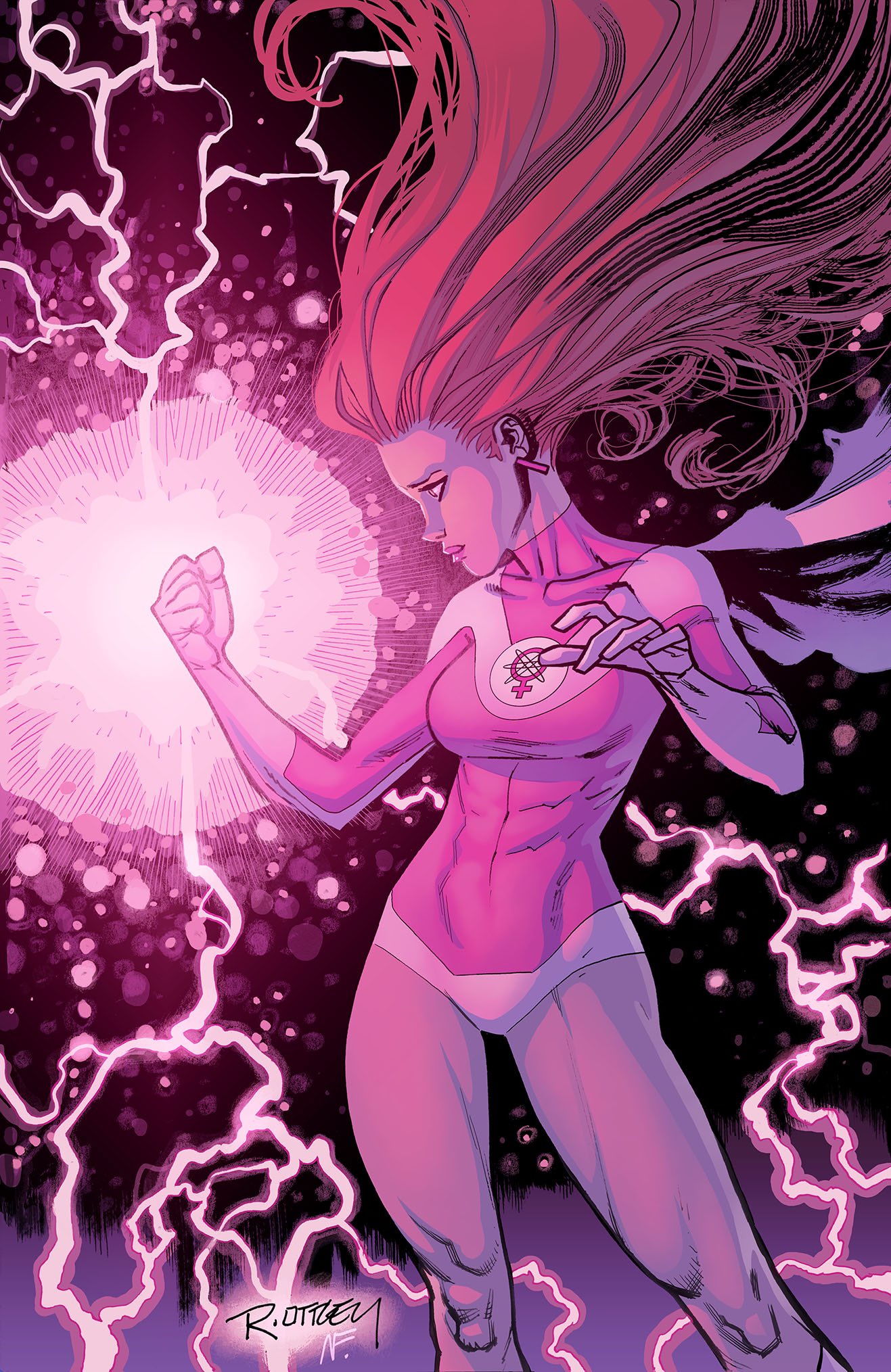 1girl atom_eve breasts cape clenched_hand commentary contrapposto covered_abs earrings electricity energy english_commentary highres invincible_(series) jewelry leotard long_hair medium_breasts pink_leotard profile redhead ryan_ottley samantha_eve_wilkins signature solo turtleneck_leotard
