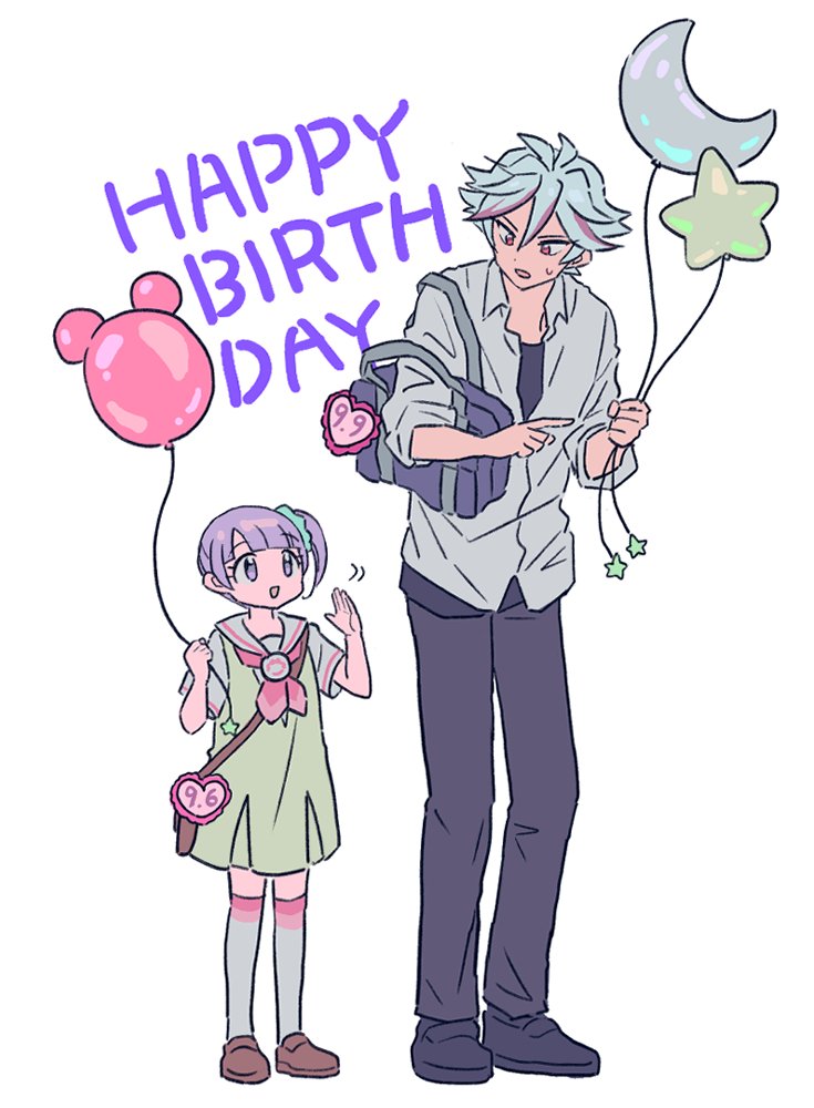 1boy 1girl :d bag balloon black_pants blunt_bangs brown_footwear collared_shirt commentary crescent_balloon dress full_body green_scrunchie hair_between_eyes hair_ornament hair_scrunchie hand_up happy_birthday holding holding_balloon idol_land_pripara loafers long_sleeves looking_at_another manaka_non manaka_non_(normal) multicolored_hair neckerchief ooedo_shinya open_mouth pants paprika_private_academy_school_uniform pink_hair pink_neckerchief pretty_series pripara purple_hair rituyama1 school_bag school_uniform scrunchie shirt shoes short_dress short_hair short_sleeves side_ponytail simple_background smile standing star_balloon streaked_hair violet_eyes white_background white_hair white_shirt yellow_dress