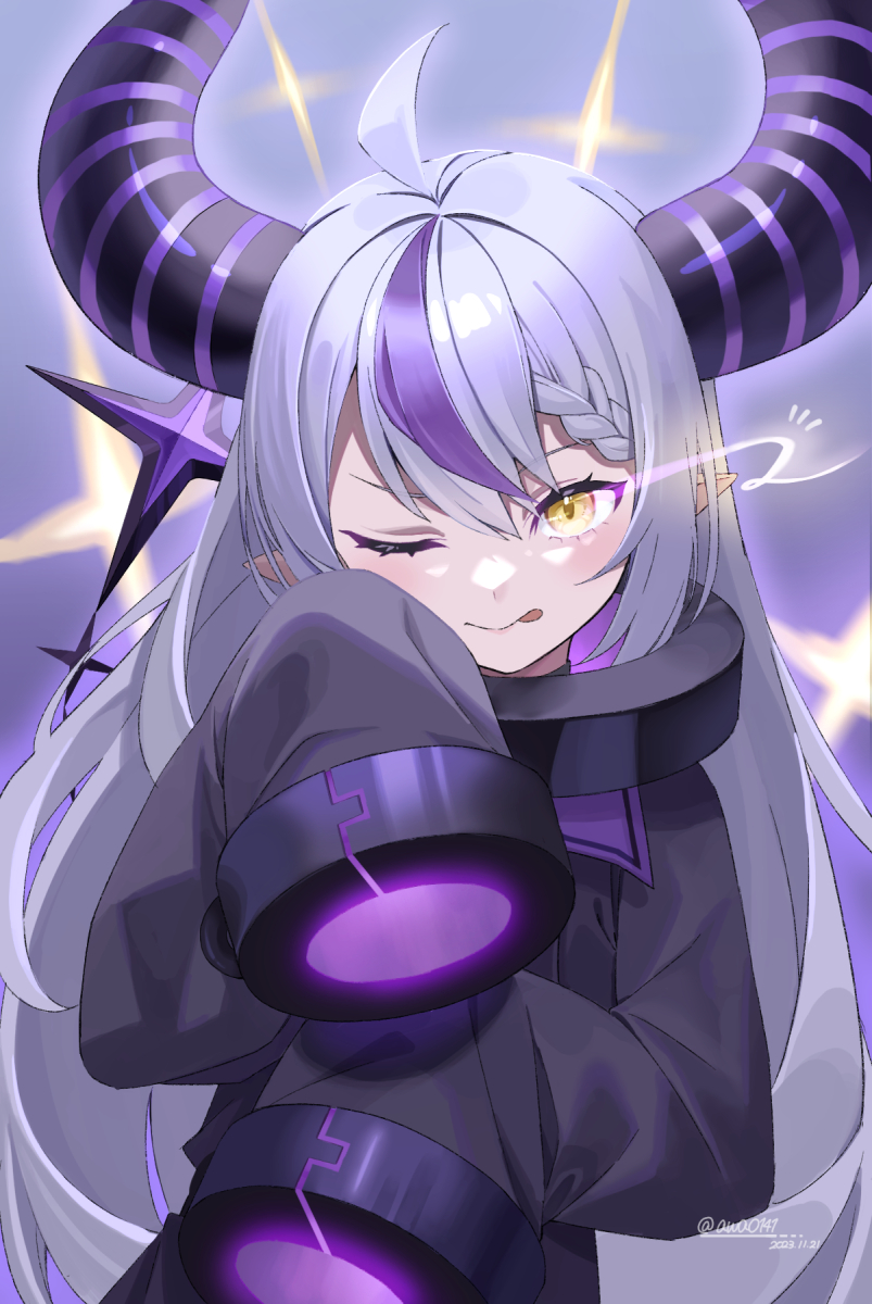 1girl ahoge awa_(awao141) black_collar braid coat coat_dress collar demon_horns grey_hair highres hololive horns la+_darknesss la+_darknesss_(1st_costume) long_hair looking_at_viewer metal_collar multicolored_hair one_eye_closed pointy_ears purple_coat purple_hair revision single_braid sleeves_past_fingers sleeves_past_wrists smile streaked_hair tail tongue tongue_out very_long_hair virtual_youtuber