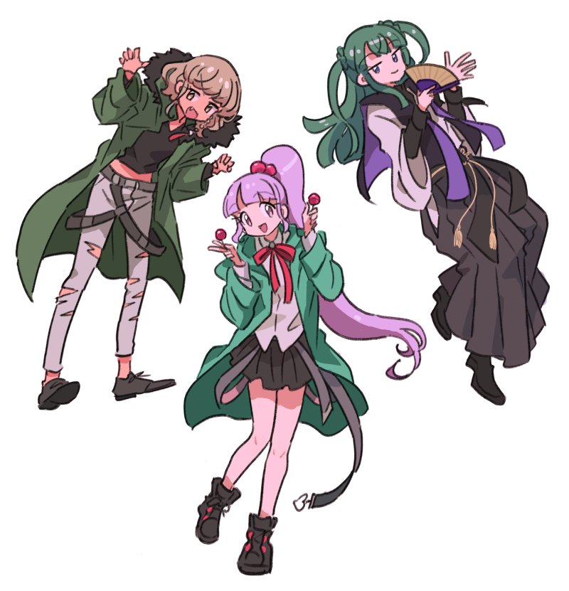 3girls :d black_footwear black_shirt black_skirt blue_eyes blunt_bangs brown_hair coat collared_shirt commentary_request full_body green_coat green_hair grey_pants hakama hakama_skirt hand_fan hands_up holding holding_fan japanese_clothes long_hair long_sleeves looking_at_viewer manaka_non multiple_girls open_mouth pants pleated_skirt pretty_series pripara purple_hair red_ribbon ribbon rituyama1 shirt shoes short_hair side_ponytail simple_background skirt smile standing streetwear taiyo_pepper torn_clothes torn_pants tsukikawa_chili two_side_up very_long_hair violet_eyes white_background white_shirt wide_sleeves