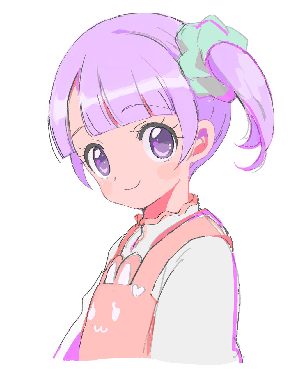 1girl blunt_bangs child closed_mouth collared_shirt commentary_request cropped_torso green_scrunchie hair_ornament hair_scrunchie highres looking_at_viewer manaka_non manaka_non_(normal) pretty_series pripara purple_hair rituyama1 scrunchie shirt short_hair side_ponytail simple_background smile solo upper_body violet_eyes white_background white_shirt