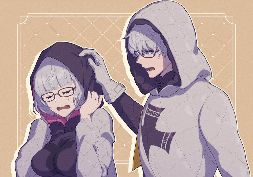1boy 1girl black-framed_eyewear blue_eyes chestnut_mouth closed_eyes commentary drop_shadow fate/grand_order fate_(series) glasses gloves grey_gloves grey_hair grey_jacket hand_on_another's_head hood hood_up inset_border jacket jacques_de_molay_(foreigner)_(fate) jacques_de_molay_(foreigner)_(first_ascension)_(fate) jacques_de_molay_(saber)_(fate) long_sleeves rectangular_eyewear scolding short_hair shouting simple_background sweat upper_body yellow_background zanshi