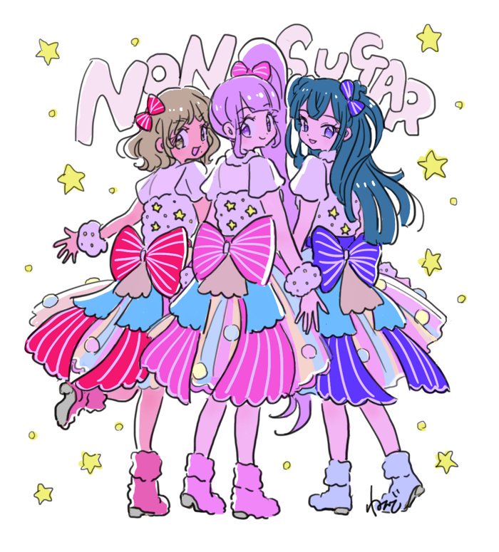 3girls :d blue_bow blue_eyes blunt_bangs boots bow brown_hair dress from_behind full_body fur_boots green_hair group_name hair_bow idol_clothes long_hair looking_at_viewer looking_back manaka_non multiple_girls open_mouth pink_bow pink_footwear pretty_series pripara purple_hair red_bow rituyama1 short_hair side_ponytail signature smile standing standing_on_one_leg star_(symbol) starry_background taiyo_pepper tsukikawa_chili two_side_up very_long_hair violet_eyes