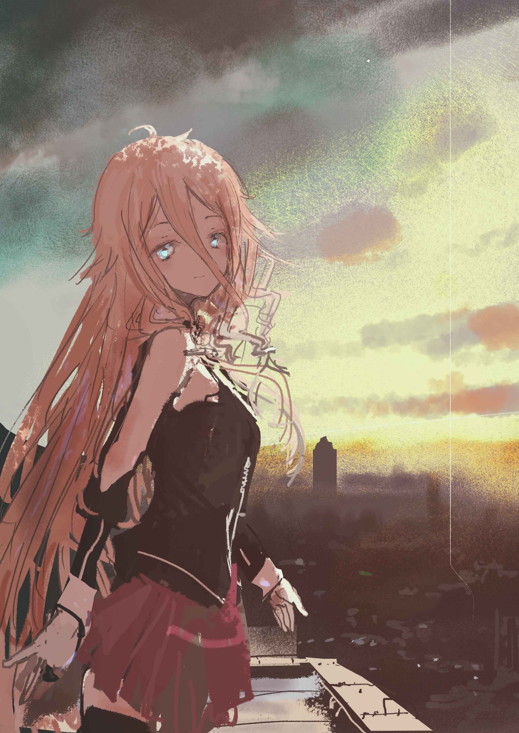 1girl absurdres arm_cutout arms_at_sides black_shirt black_thighhighs blonde_hair blue_eyes braid building cityscape clouds cloudy_sky commentary cowboy_shot from_side hair_between_eyes highres ia_(vocaloid) kabuyama_kaigi long_hair long_sleeves looking_at_viewer looking_to_the_side morning on_rooftop outdoors pink_skirt rooftop shirt side_braids skirt sky skyscraper smile solo standing thigh-highs urban very_long_hair vocaloid