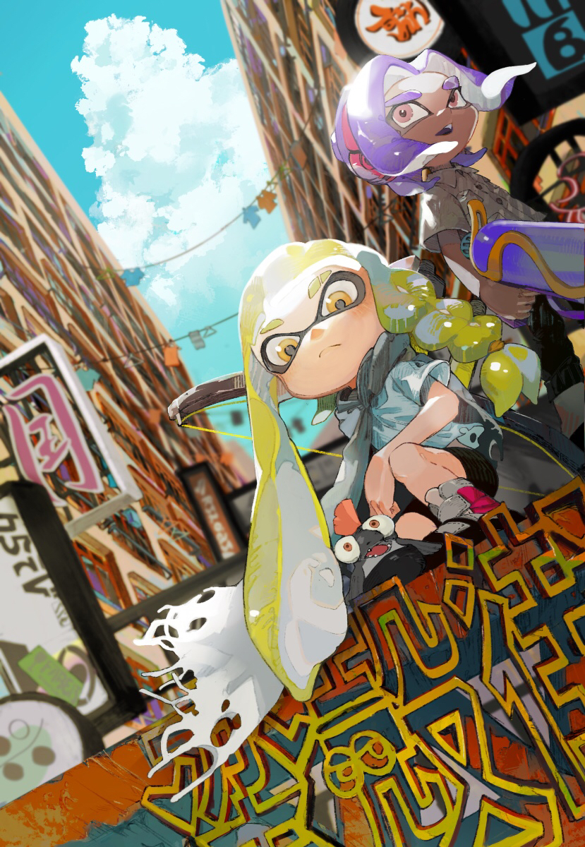 1boy 1girl black_shorts blonde_hair blue_sky brown_eyes city clouds commentary_request dark-skinned_male dark_skin grey_scarf gun highres holding holding_gun holding_weapon inkling inkling_(language) inkling_girl long_hair octoling octoling_boy open_mouth outdoors panchicchi_(pixiv_101958735) pointy_ears purple_hair scarf shirt shorts sky splatoon_(series) splatoon_3 splattershot_(splatoon) squatting standing tentacle_hair tri-stringer_(splatoon) weapon white_shirt