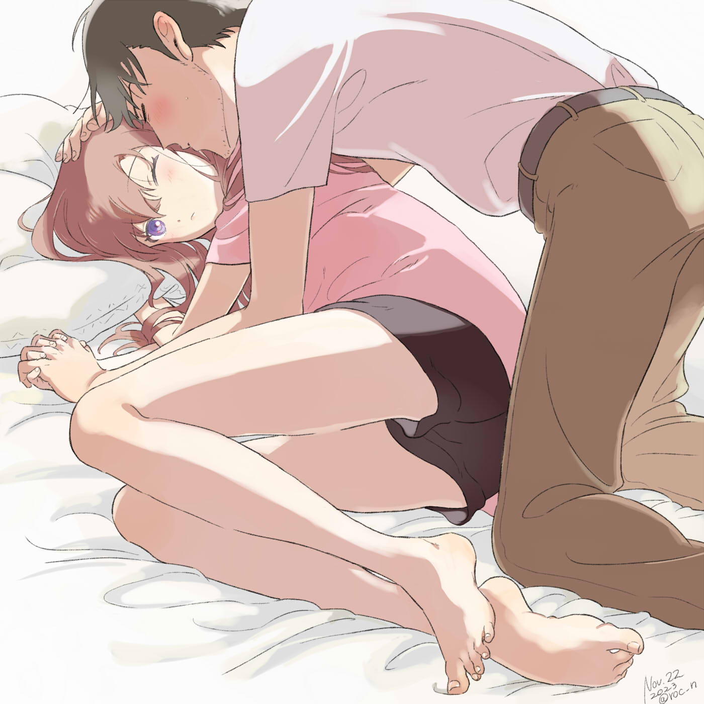 1boy 1girl 2023 all_fours bare_legs barefoot bed_sheet belt black_shorts brown_hair brown_pants closed_eyes closed_mouth couple dated fetal_position grey_belt hand_on_another's_head hetero highres holding_hands imminent_kiss interlocked_fingers long_hair lying makise_kurisu okabe_rintarou on_side one_eye_closed pants pillow pink_shirt rocni shirt short_hair short_shorts short_sleeves shorts steins;gate twitter_username violet_eyes white_shirt