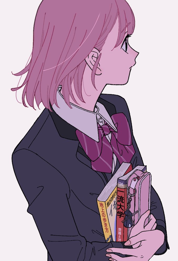 1girl book bow bowtie charm_(object) closed_mouth collared_shirt colored_skin commentary fingernails flat_color from_side gorainrice grey_jacket holding holding_book jacket long_sleeves looking_to_the_side medium_hair pencil_case pink_skin protagonist_(tokimemo_gs4) purple_bow purple_bowtie purple_hair shirt simple_background solo standing striped striped_bow striped_bowtie tokimeki_memorial_girl's_side_4th_heart upper_body white_background