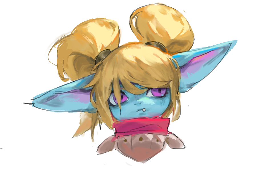 1girl blonde_hair colored_skin cropped_shoulders fang green_skin league_of_legends pink_eyes pointy_ears poppy_(league_of_legends) ramssa simple_background solo twintails white_background yordle