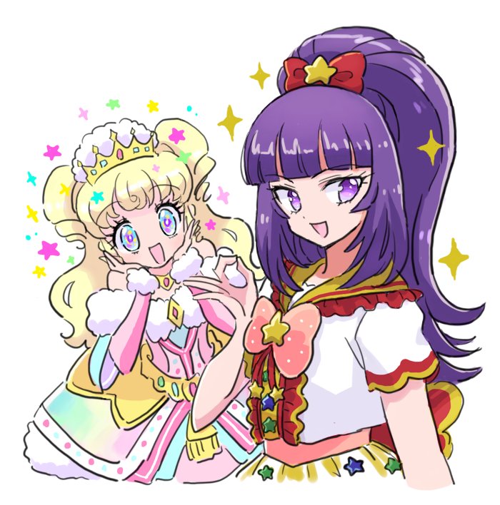 2girls :d blonde_hair blunt_bangs bow commentary_request cosplay costume_switch crown dress fur-trimmed_dress fur_trim hair_bow hanazono_shuka hands_on_own_cheeks hands_on_own_face hands_up idol_clothes idol_time_pripara long_hair looking_at_viewer multiple_girls open_mouth pink_bow ponytail pretty_series pripara purple_hair red_bow ringlets rituyama1 short_sleeves simple_background smile sparkle standing star_(symbol) star_print two_side_up upper_body violet_eyes white_background yumekawa_yui