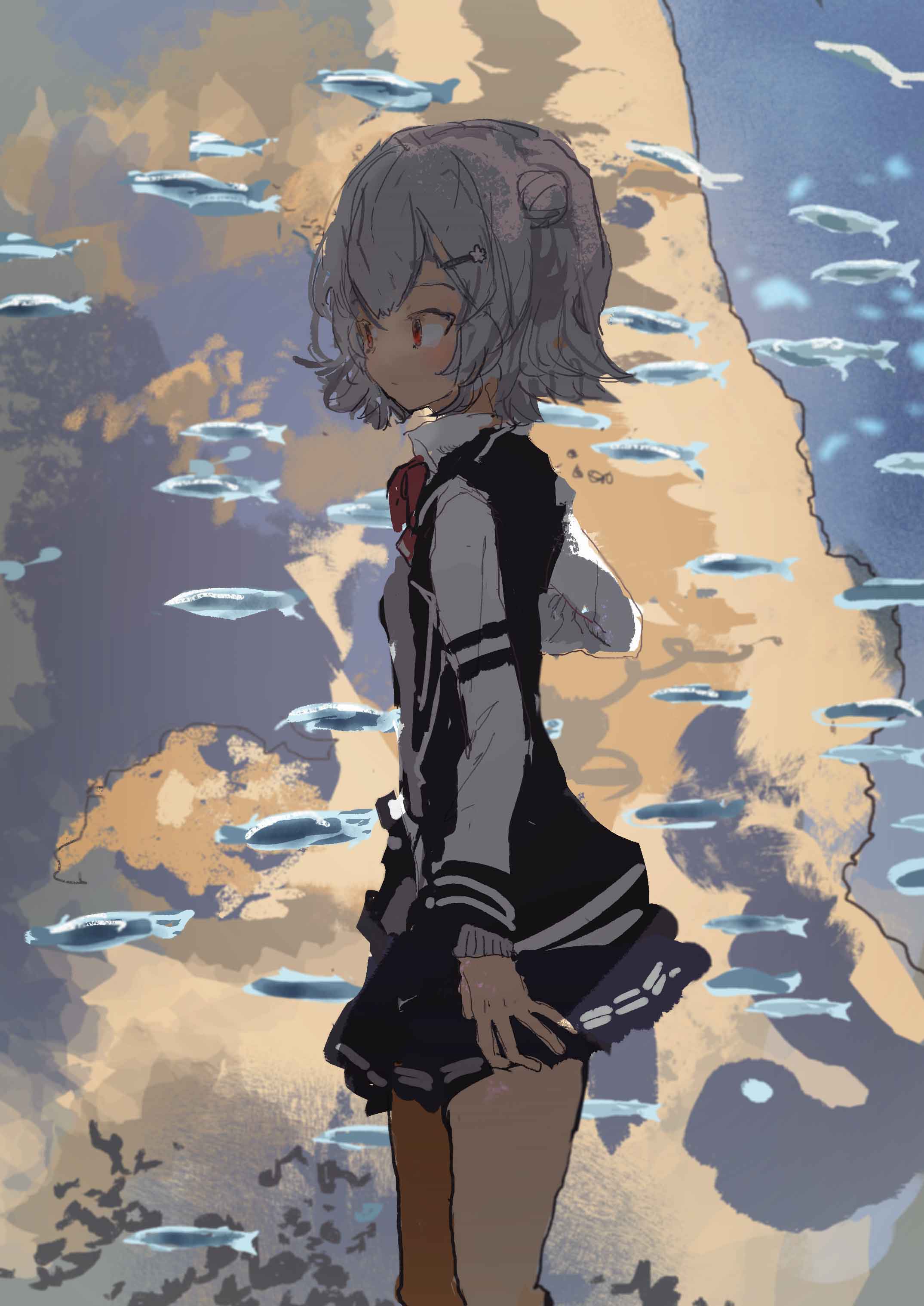 1girl absurdres aquarium arm_at_side black_jacket blazer blurry blurry_background blush bow bowtie cevio closed_mouth collared_shirt commentary_request feet_out_of_frame fish flipped_hair from_side grey_hair grey_sweater hair_bun hand_up highres jacket kabuyama_kaigi koharu_rikka long_sleeves looking_at_animal miniskirt multicolored_clothes multicolored_jacket open_clothes open_jacket pleated_skirt red_bow red_bowtie red_eyes rock school_of_fish school_uniform shirt short_hair skirt solo standing sweater synthesizer_v two-tone_jacket white_sleeves