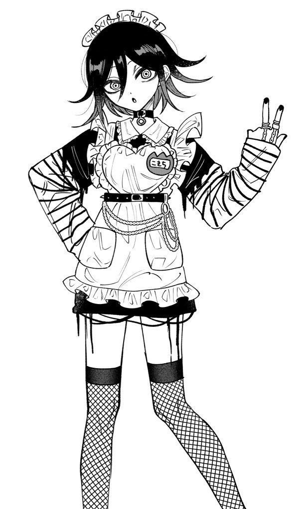 1boy alternate_costume apron character_name choker danganronpa_(series) danganronpa_v3:_killing_harmony dress feet_out_of_frame fishnet_thighhighs fishnets frilled_apron frills greyscale hair_between_eyes hand_on_own_hip hand_up hirumanoinu jewelry long_sleeves looking_at_viewer maid maid_apron maid_headdress male_focus monochrome nail_polish name_tag o-ring o-ring_choker oma_kokichi open_mouth ring shirt short_hair simple_background solo standing striped striped_shirt thigh-highs unconventional_maid w white_background