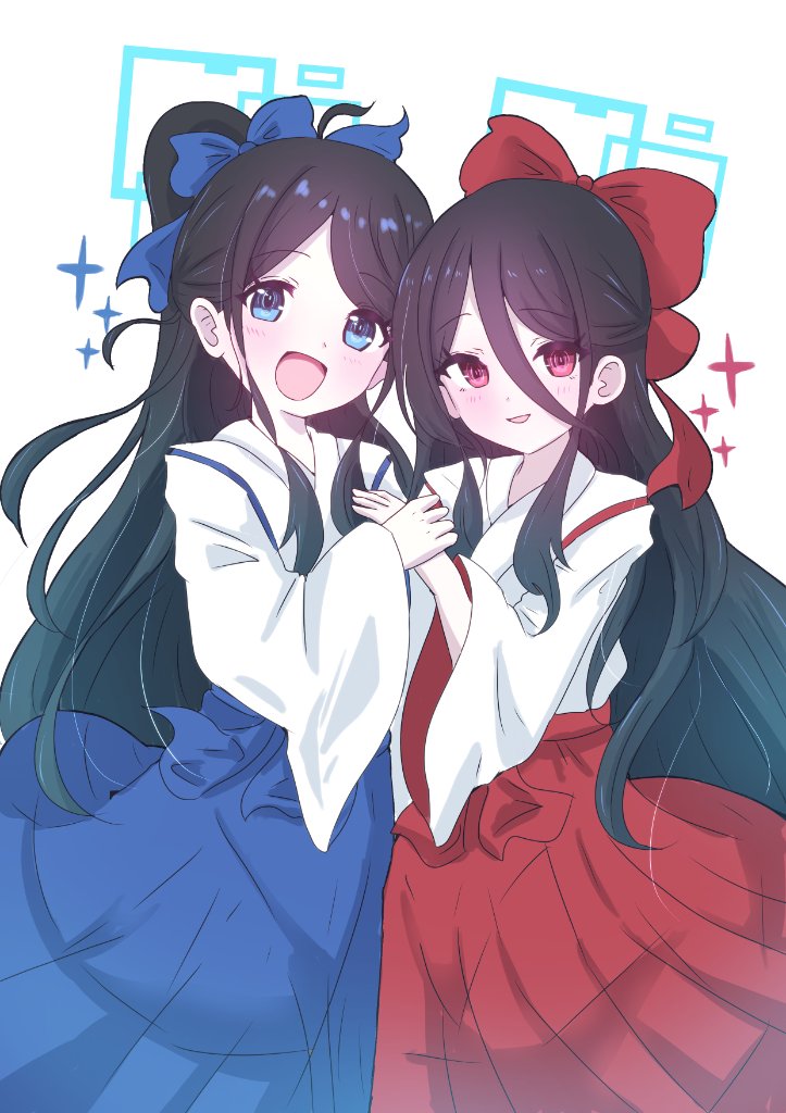 &lt;key&gt;_(blue_archive) 2girls aqua_halo aris_(blue_archive) blue_archive blue_bow blue_hakama bow giorgio_(yo_sumire_sola1) hair_bow hakama hakama_skirt japanese_clothes kosode long_hair looking_at_viewer miko multiple_girls open_mouth red_bow red_hakama skirt smile square_halo