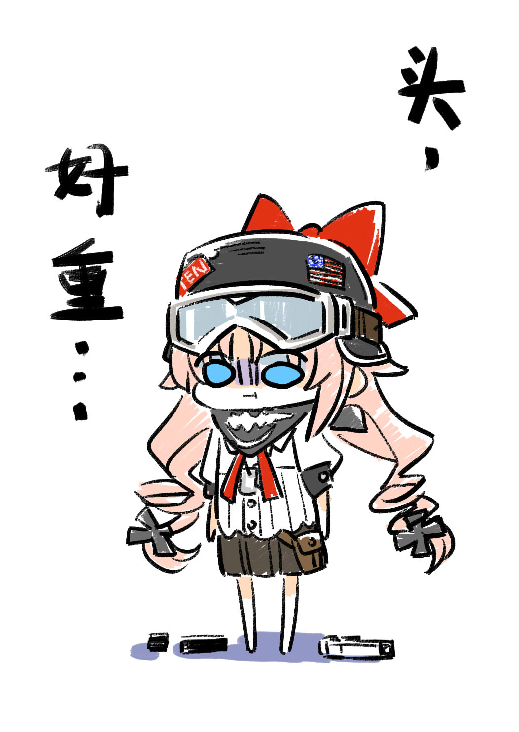 1girl :t american_flag bandana bandana_around_neck black_bandana black_headwear black_skirt blue_eyes bow bren_ten bren_ten_(girls'_frontline) brown_bag chibi chibi_only chinese_commentary chinese_text closed_mouth commentary_request full_body girls_frontline gloom_(expression) goggles goggles_on_headwear hair_ornament hat hat_bow helmet highres long_hair pink_hair pleated_skirt pouch pout red_bow shirt short_sleeves simple_background skirt solo standing sticker su_xiao_jei translation_request twintails weapon_on_floor white_background white_shirt x_hair_ornament