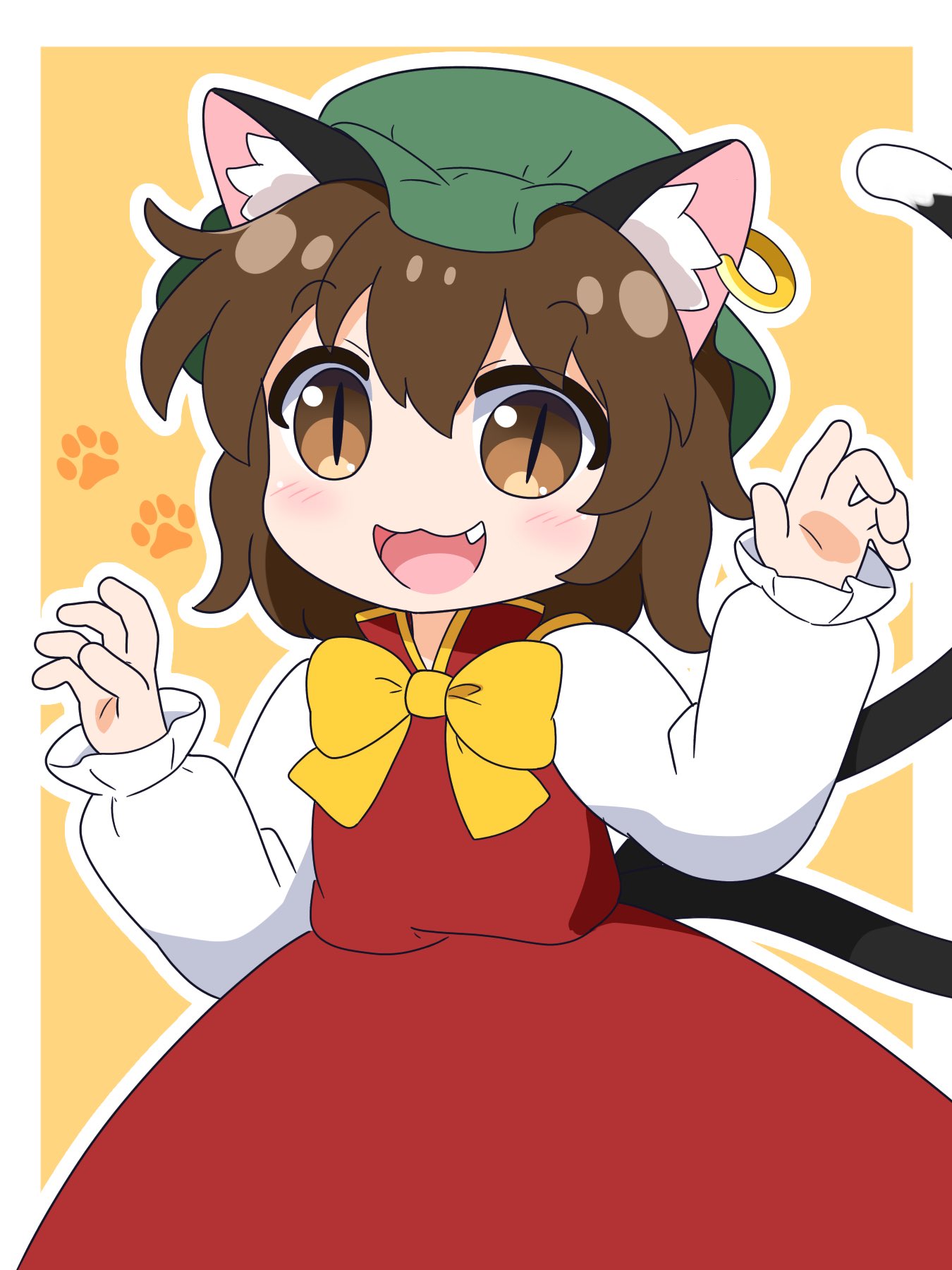 1girl :3 :d animal_ear_fluff animal_ear_piercing animal_ears border bow bowtie brown_eyes brown_hair cat_ears cat_tail chen commentary_request cowboy_shot dress earrings fang flat_chest green_headwear hair_between_eyes hands_up hat highres jewelry light_blush long_sleeves looking_at_viewer mob_cap multiple_tails nekomata open_mouth orange_background outline paw_print paw_print_background puffy_long_sleeves puffy_sleeves red_dress rizleting short_hair single_earring slit_pupils smile solo tail touhou two_tails white_border white_outline yellow_bow yellow_bowtie
