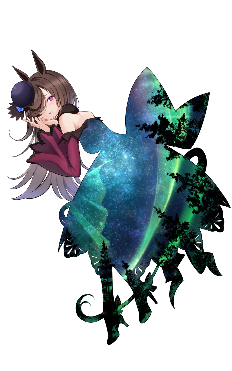 1girl aurora bare_shoulders brown_hair dress extra_ears full_body fur_choker hair_over_one_eye hat high_heels highres horse_girl horse_tail long_hair long_sleeves looking_at_viewer looking_to_the_side night night_sky off-shoulder_dress off_shoulder open_mouth pink_eyes purple_headwear rice_shower_(umamusume) simple_background sky smile solo tail umamusume white_background yomean!