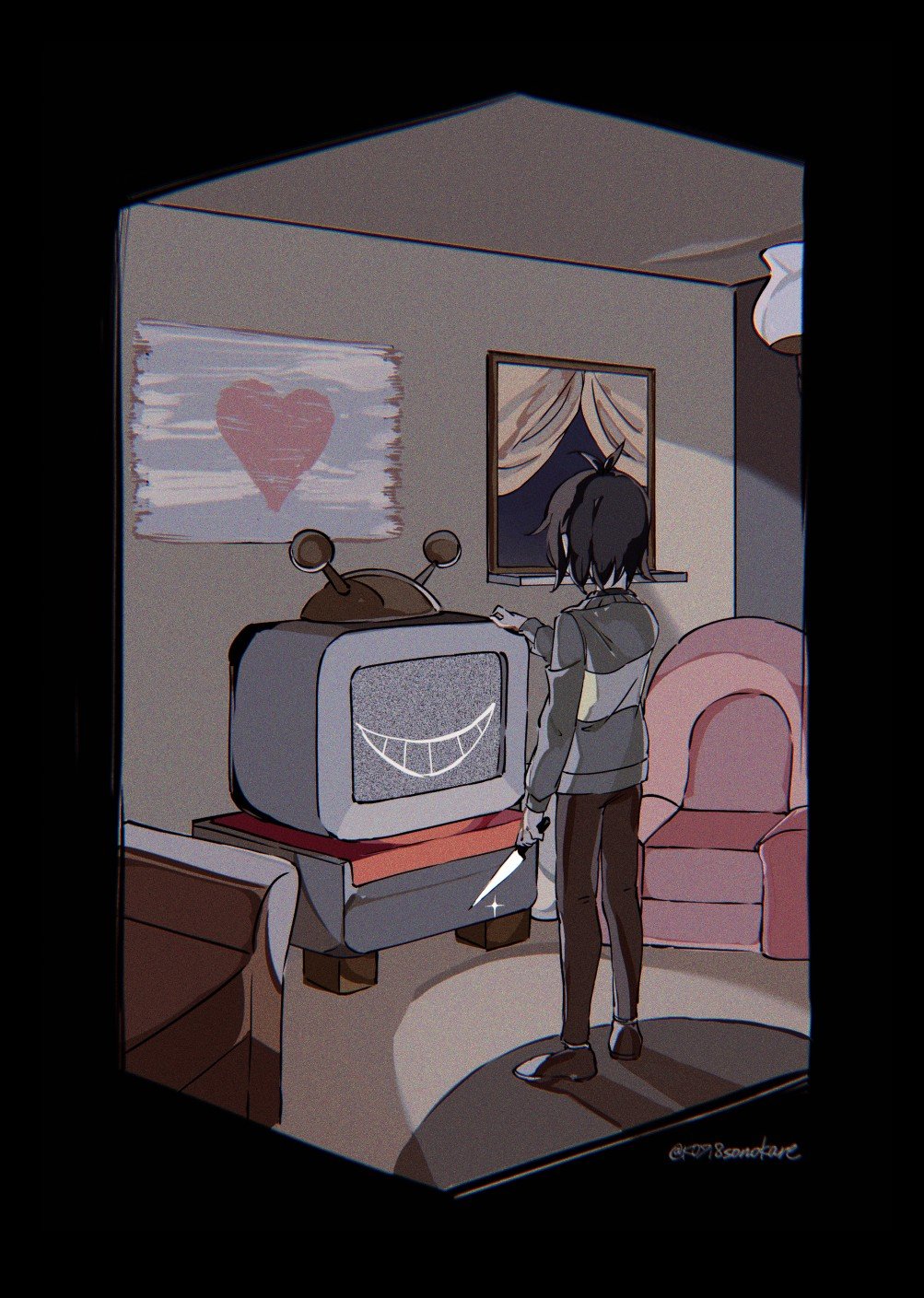 1other androgynous antenna_hair arm_at_side armchair black_border black_hair border brown_footwear brown_pants chair curtains deltarune facing_away from_behind green_sweater grin heart highres holding holding_knife indoors knife kris_(deltarune) loafers long_sleeves night other_focus pants rug scenery shoes short_hair smile solo sonokare standing static sweater television twitter_username window