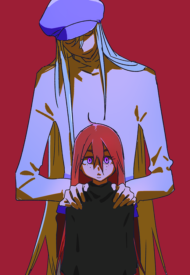 1boy 1girl black_shirt blonde_hair blue_headwear flat_chest freckles grey_hair hair_between_eyes hands_on_another's_shoulders hat height_difference hunter_x_hunter kite_(chimera_ant) kite_(hunter_x_hunter) long_hair long_sleeves looking_at_viewer red_background redhead saiko67 shirt solo straight-on turtleneck upper_body very_long_hair violet_eyes white_shirt