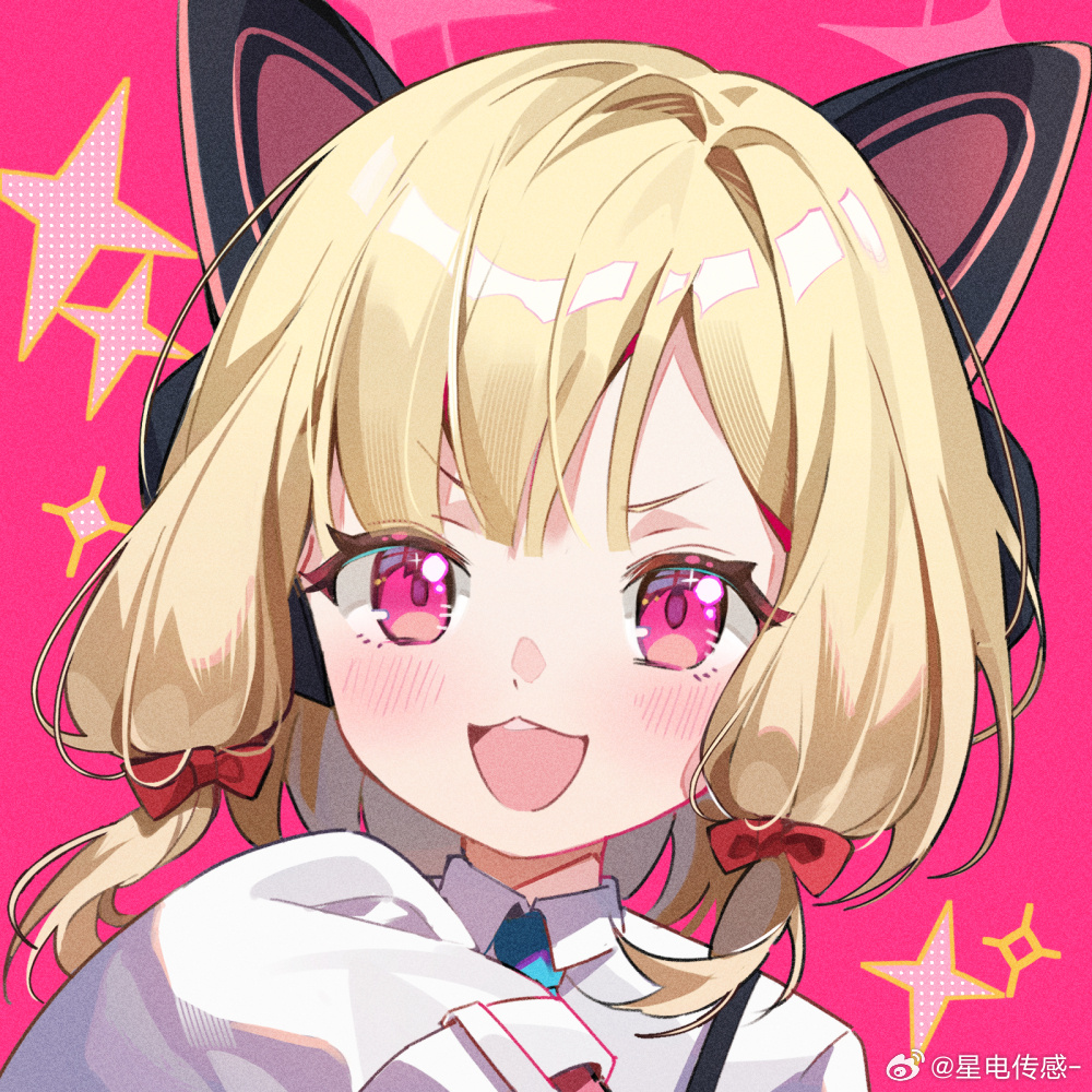 1girl animal_ear_headphones animal_ears bare_shoulders blonde_hair blue_archive blue_necktie blush cat_ear_headphones commentary_request fake_animal_ears hair_ribbon headphones hoshiko_(419401x) jacket looking_at_viewer momoi_(blue_archive) necktie open_mouth pink_background red_ribbon ribbon school_uniform shirt smile solo translation_request upper_body white_jacket white_shirt