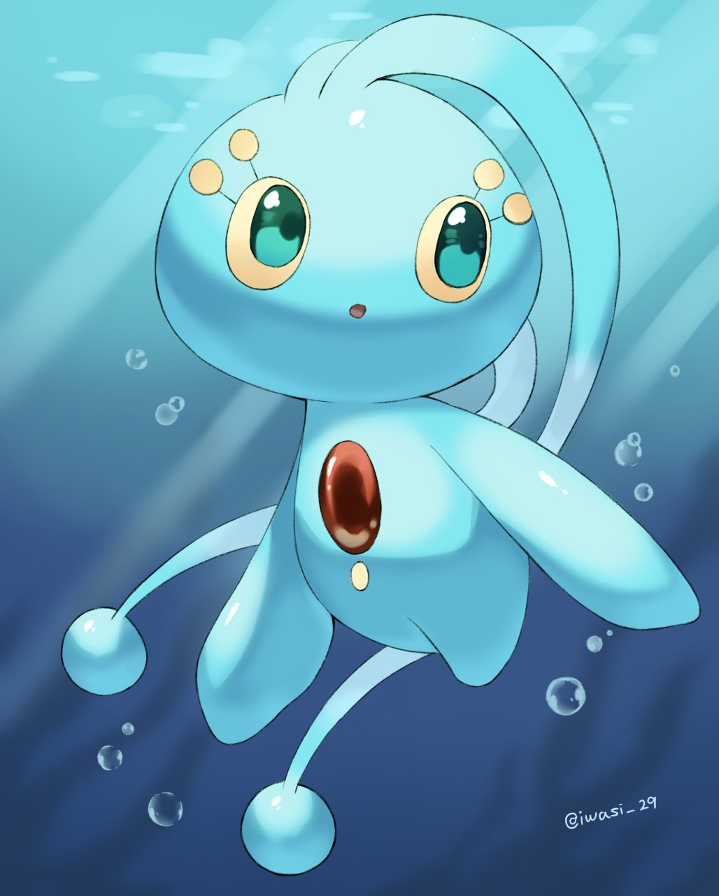 :o animal_focus antennae artist_name blue_skin bubble chest_jewel colored_skin commentary_request green_eyes highres iwasi_29 manaphy no_humans open_mouth pokemon pokemon_(creature) sunlight twitter_username underwater water
