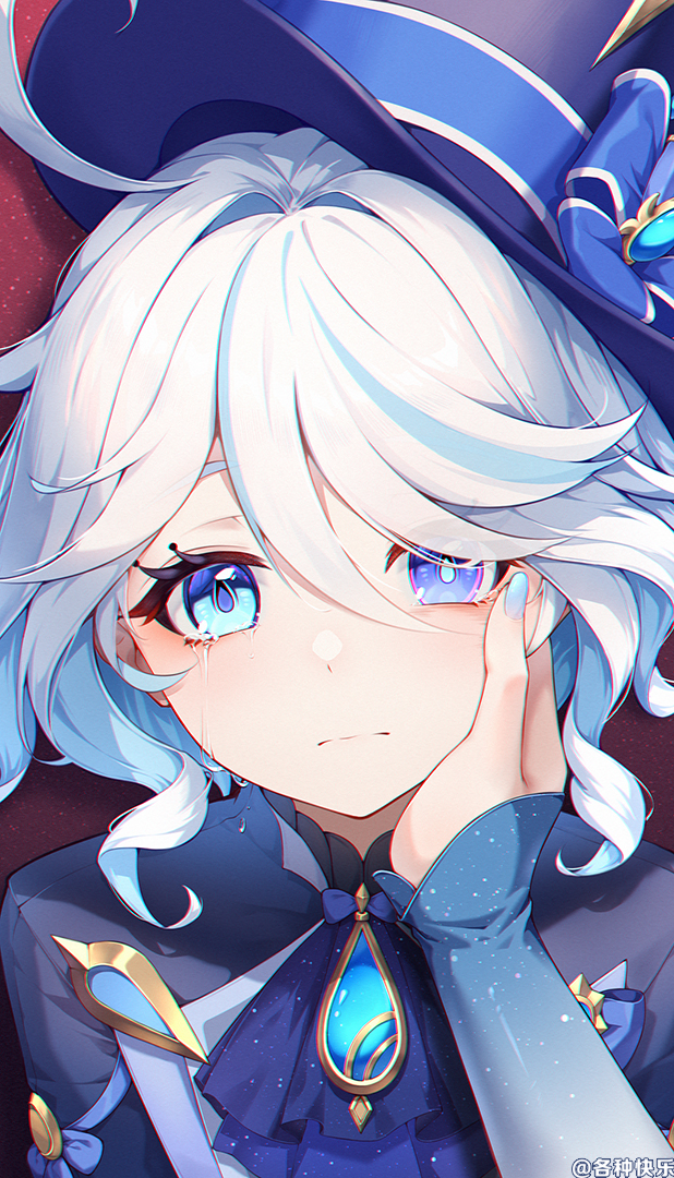 blue_brooch blue_dress blue_eyes blue_gemstone blue_hair blue_headwear cowlick crying crying_with_eyes_open dress drop-shaped_pupils furina_(genshin_impact) ge_zhong_kuaile gem genshin_impact hand_on_another's_cheek hand_on_another's_face hat heterochromia light_blue_hair mismatched_pupils red_background tears top_hat
