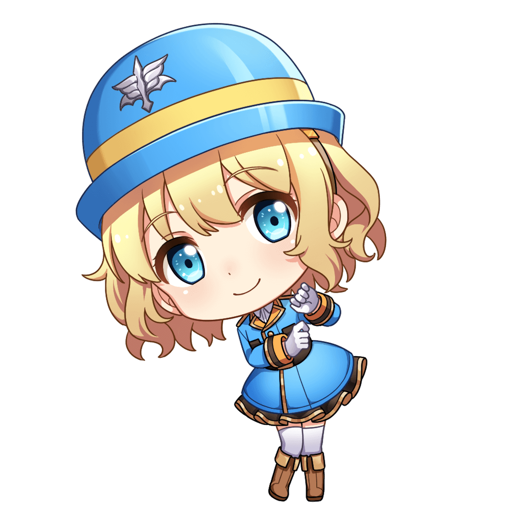 1girl aria_(vivid_army) blonde_hair blue_eyes blue_headwear blue_skirt boots brown_footwear chibi closed_mouth dot_nose full_body gloves hair_between_eyes long_sleeves military military_uniform official_art short_hair simple_background skirt smile solo standing thigh-highs transparent_background uniform vivid_army white_gloves white_thighhighs zettai_ryouiki