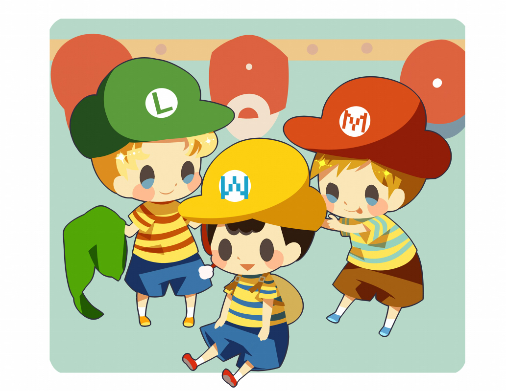 3boys black_hair blonde_hair blue_footwear blue_shorts blush_stickers borrowed_clothes brown_hair brown_shorts claus_(mother_3) hat hitofutarai holding holding_clothes holding_hat licking_lips lucas_(mother_3) male_focus mother_(game) mother_2 mother_3 multiple_boys ness_(mother_2) orange_footwear outline pokemon shirt shorts smile solid_oval_eyes standing striped striped_shirt super_mario_bros. the_legend_of_zelda tongue tongue_out triangle_mouth white_outline
