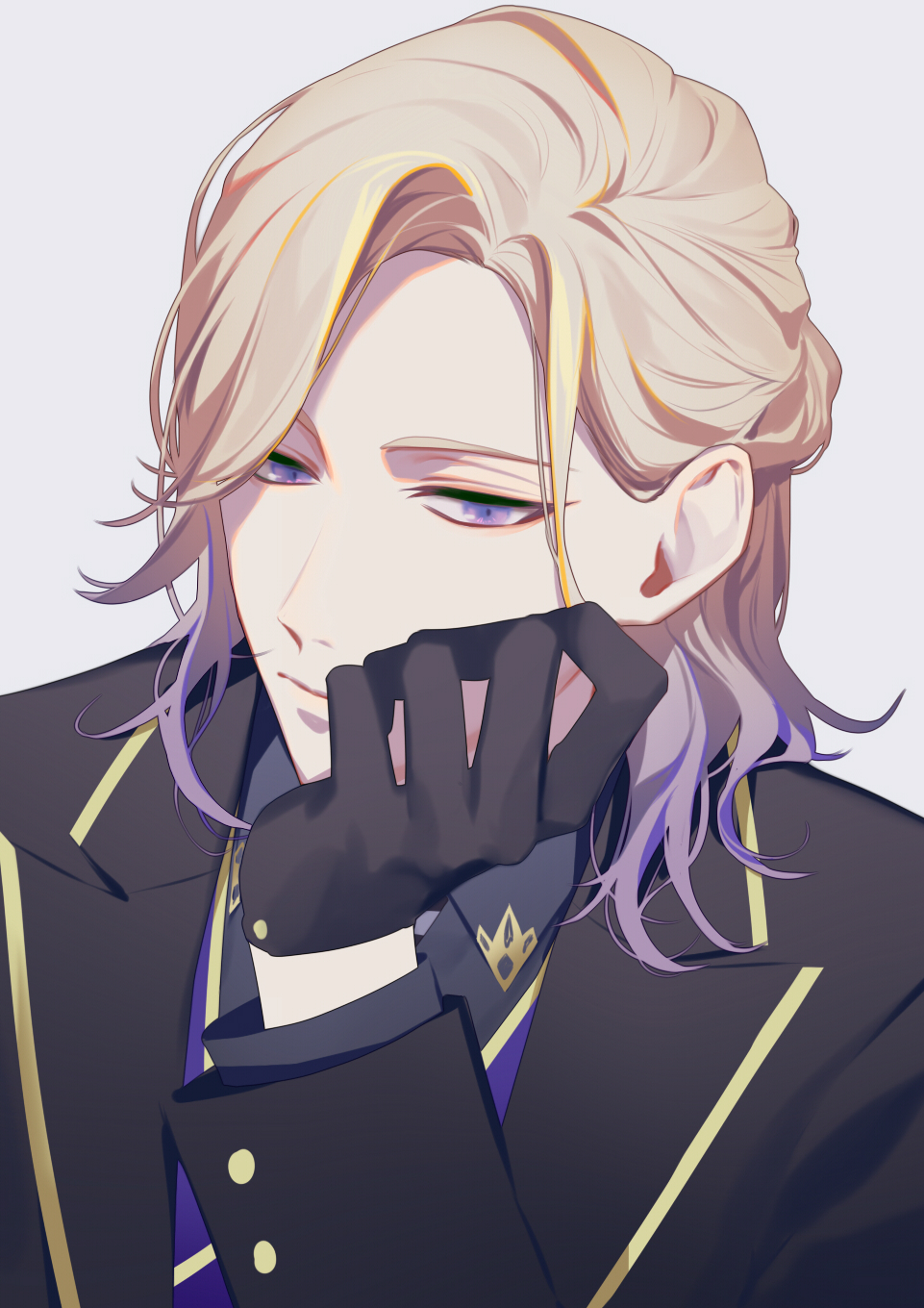 13_(bbr584607091) 1boy arm_support black_gloves black_jacket black_shirt blonde_hair blue_vest buttons collared_shirt commentary frown gloves gold_trim gradient_hair grey_background highres jacket looking_at_viewer male_focus multicolored_hair night_raven_college_uniform purple_hair shirt simple_background solo swept_bangs symbol-only_commentary twisted_wonderland upper_body vest vil_schoenheit violet_eyes