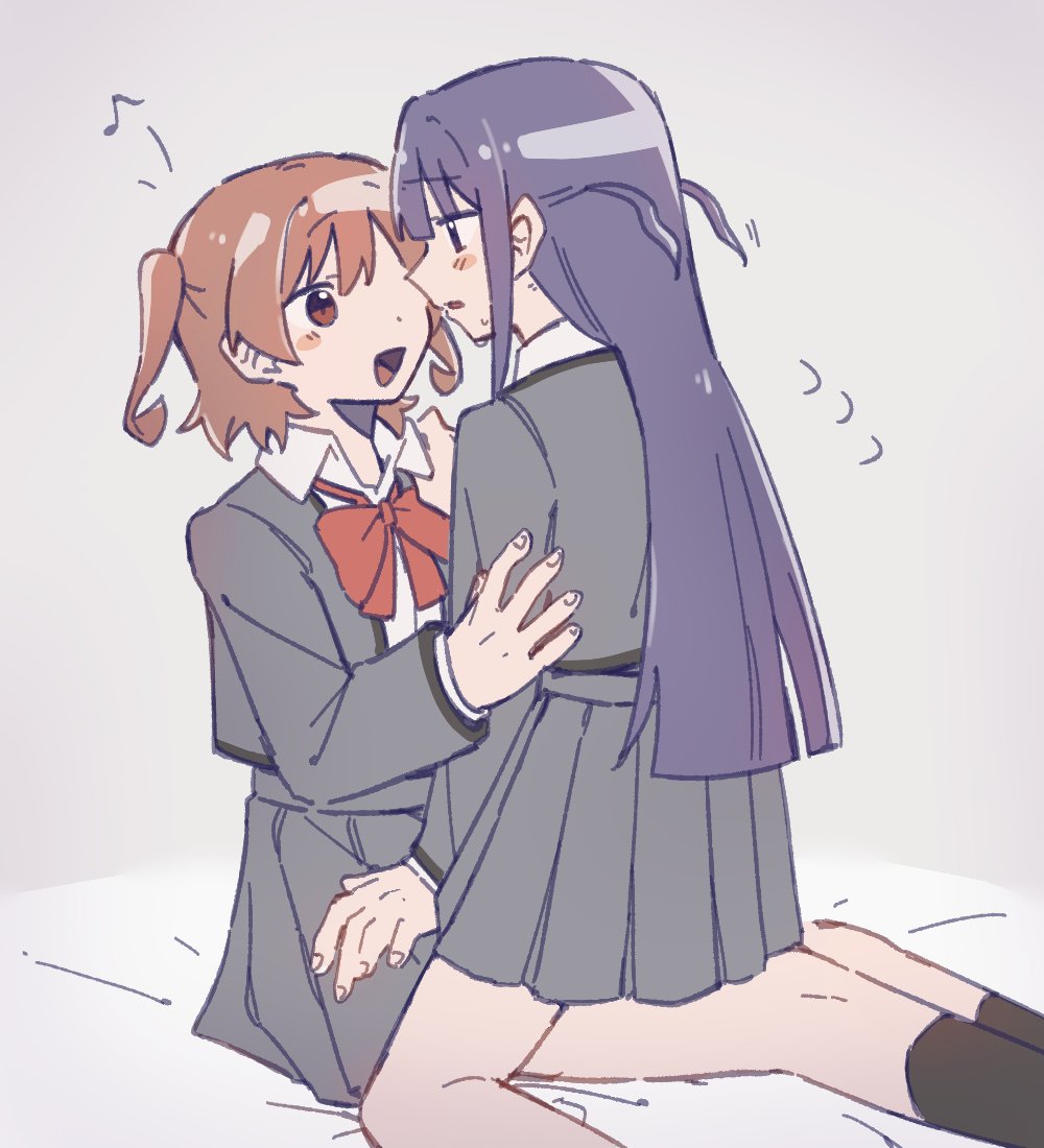 2girls :d aijou_karen bed_sheet black_socks blunt_bangs blunt_ends blush bow bowtie brown_eyes brown_hair collared_shirt commentary eighth_note eye_contact face-to-face feet_out_of_frame flying_sweatdrops girl_on_top grey_background grey_jacket grey_skirt hand_on_another's_arm hand_on_another's_shoulder hand_on_another's_thigh hand_up jacket kneehighs long_hair long_sleeves looking_at_another miniskirt motion_lines multiple_girls musical_note open_clothes open_jacket open_mouth parted_lips pleated_skirt profile purple_hair red_bow red_bowtie rei931218 school_uniform seishou_music_academy_uniform shirt short_hair shoujo_kageki_revue_starlight simple_background sitting sitting_on_lap sitting_on_person skirt smile socks sweat symbol-only_commentary tsuyuzaki_mahiru two_side_up violet_eyes white_shirt yuri