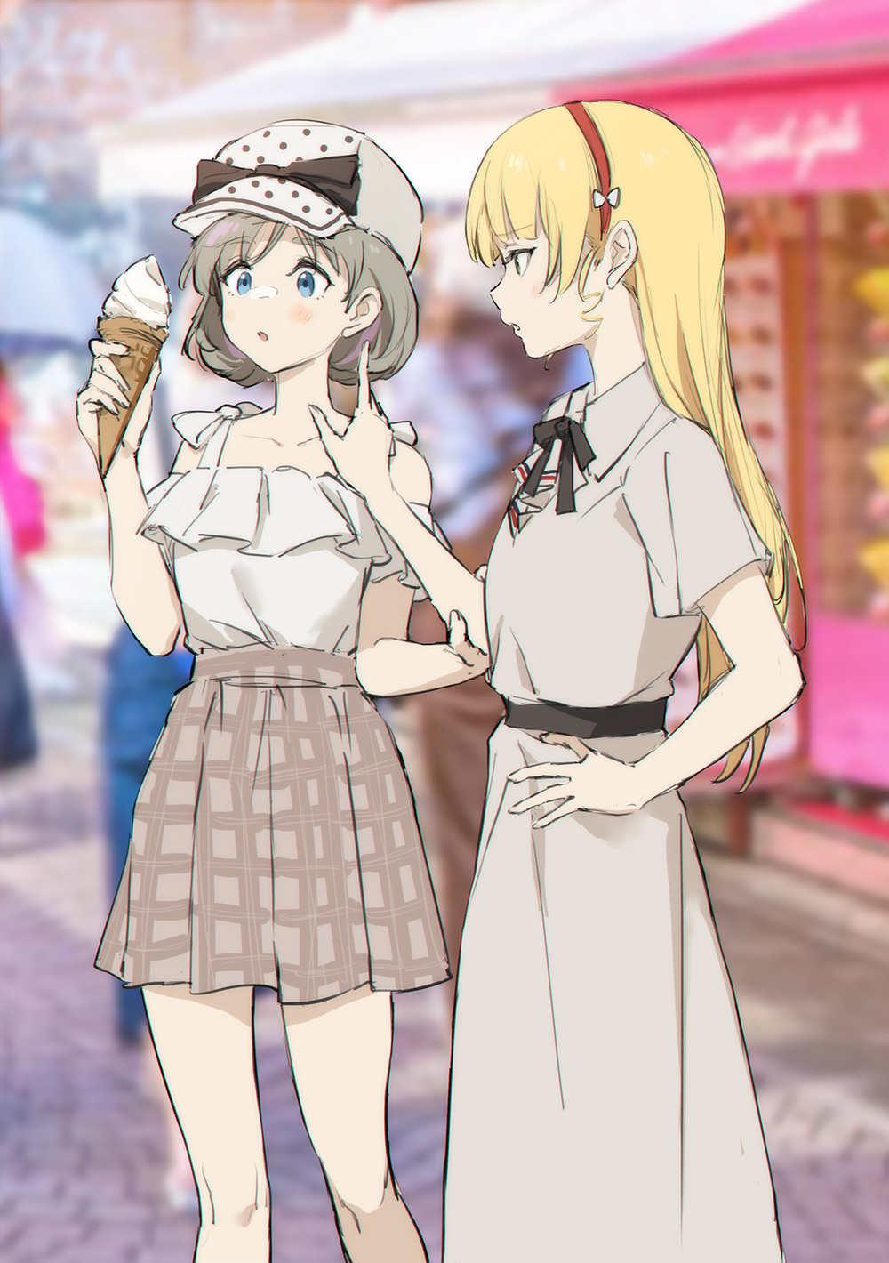 2girls :o belt black_belt black_bow black_bowtie blonde_hair blue_eyes blurry blurry_background bow bowtie breasts brown_skirt collarbone collared_dress dress food food_on_face frilled_shirt frills green_eyes grey_dress hairband hand_on_another's_arm hand_on_own_hip hand_up hat hat_bow heanna_sumire highres holding holding_food holding_ice_cream ice_cream ice_cream_cone index_finger_raised kisetsu long_hair looking_at_another love_live! love_live!_superstar!! multiple_girls off-shoulder_shirt off_shoulder parted_lips photo_background plaid plaid_skirt polka_dot_headwear red_hairband shirt shirt_tucked_in short_hair skirt soft_serve standing tang_keke
