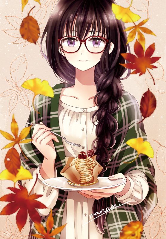 1girl artist_name autumn_leaves black_hair braid buttons closed_mouth collarbone commentary_request dress falling_leaves food food_request fork ginkgo_leaf glasses green_jacket himawari-san himawari-san_(character) holding holding_fork holding_plate jacket leaf leaf_background long_hair long_sleeves looking_at_viewer maple_leaf open_clothes open_jacket plaid plaid_jacket plate red-framed_eyewear signature single_braid smile solo straight-on sugano_manami upper_body violet_eyes white_dress