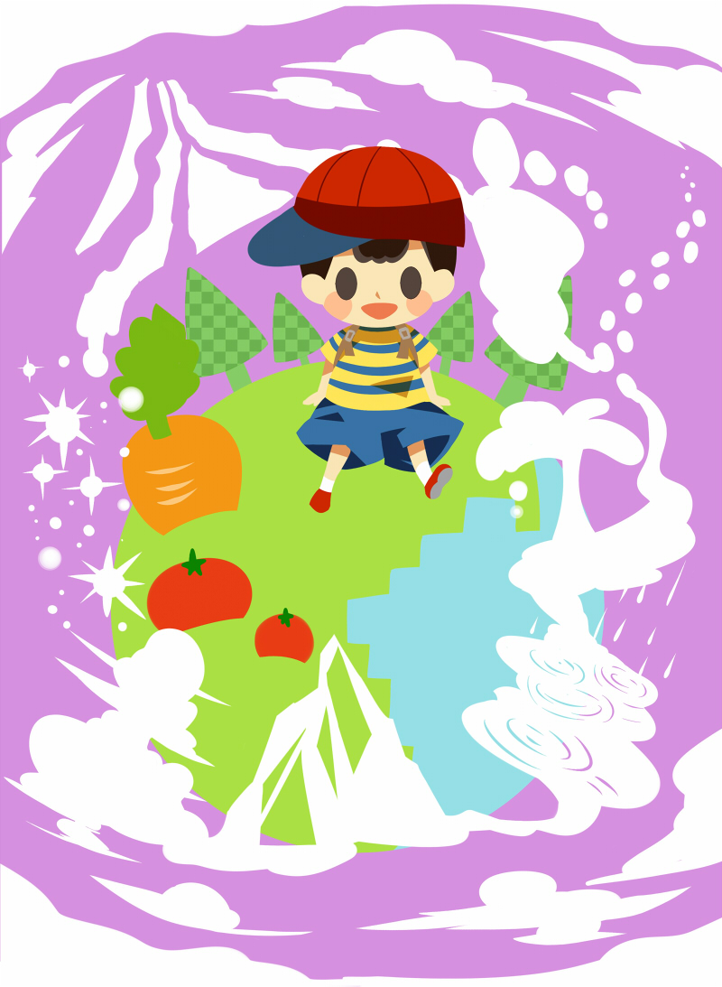 1boy baseball_cap black_eyes black_hair blue_shorts blush_stickers carrot chibi clouds hat hitofutarai male_focus mother_(game) mother_2 ness_(mother_2) on_mini_planet open_mouth red_footwear red_headwear shirt shoes short_hair shorts socks solid_oval_eyes solo striped striped_shirt tree white_socks