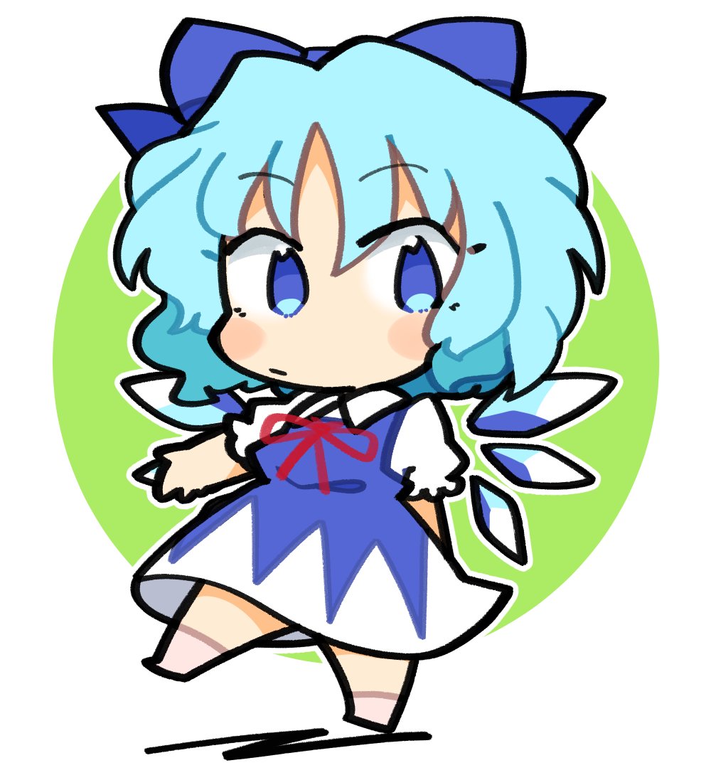 1girl blue_bow blue_dress blue_eyes blue_hair blush_stickers bow chibi cirno closed_mouth collared_shirt detached_wings dress fairy full_body hair_bow ice ice_wings ini_(inunabe00) shirt short_hair short_sleeves solo touhou white_shirt wings