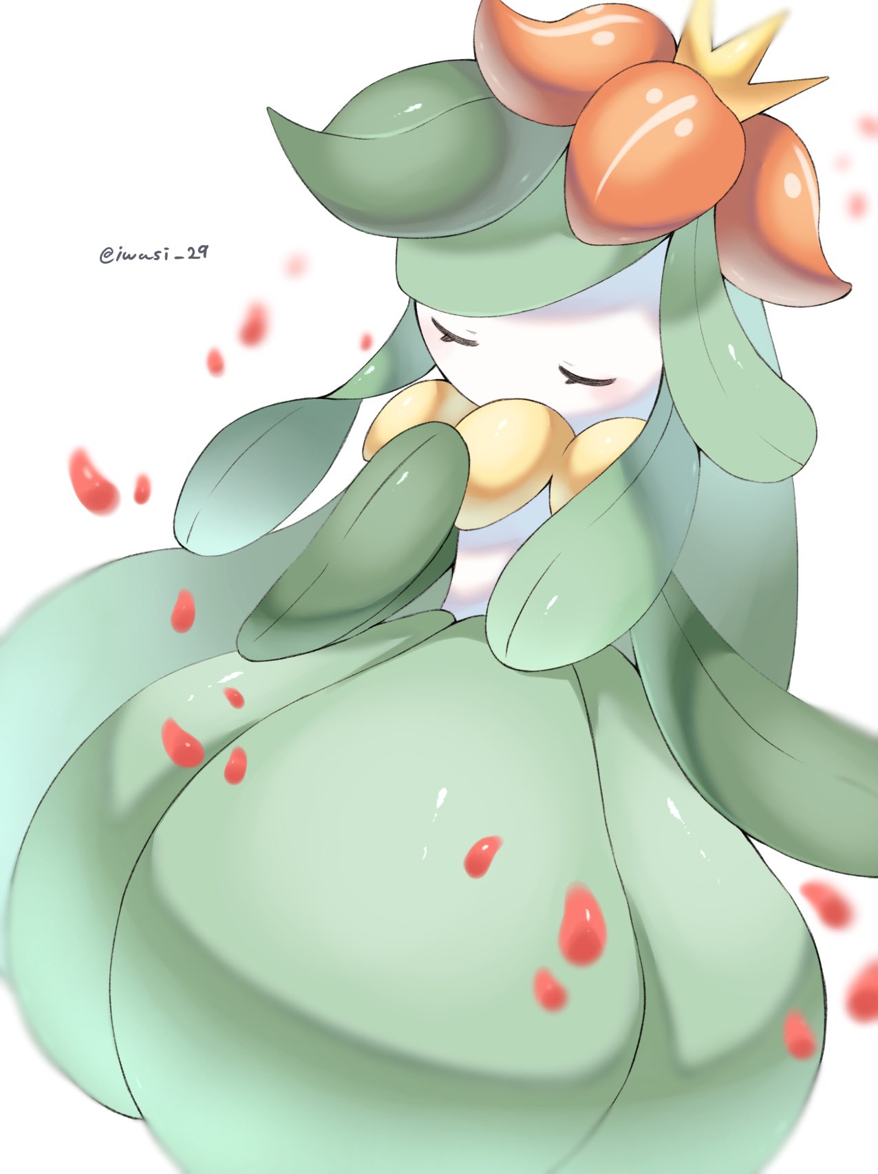 artist_name closed_eyes colored_skin commentary_request crown eyelashes falling_petals flower green_hair highres iwasi_29 lilligant no_humans petals pokemon pokemon_(creature) simple_background twitter_username white_background white_skin