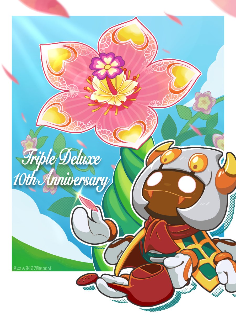 1boy anniversary artist_name blue_sky border closed_mouth clouds commentary_request copyright_name dark_skin disembodied_limb falling_petals fangs flower glint gloves highres horns kashiwa_(ksw04270mochi) kirby:_triple_deluxe kirby_(series) multiple_hands outside_border petals pink_flower sky taranza twitter_username white_border white_eyes white_gloves