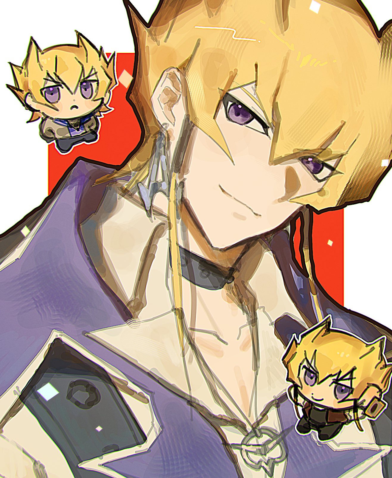 1boy alternate_costume arms_up black_choker black_pants black_shirt blonde_hair blue_shirt blush_stickers brown_vest card chibi chibi_inset choker coat collared_shirt commentary_request dangle_earrings earrings frown grey_jacket hands_on_own_hips happy high_collar highres holding holding_card jack_atlas jacket jewelry light_smile multiple_views necklace ooeasmp pants red_background serious shirt short_hair_with_long_locks sleeveless sleeveless_shirt smile spiky_hair studded_choker trading_card upper_body vest violet_eyes white_coat white_shirt yu-gi-oh! yu-gi-oh!_5d's