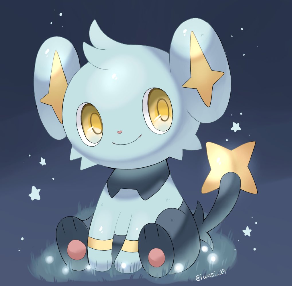 animal_focus artist_name blue_background closed_mouth commentary_request iwasi_29 no_humans on_grass pawpads pokemon pokemon_(creature) shinx sitting smile star_(symbol) tail twitter_username yellow_eyes yellow_pupils