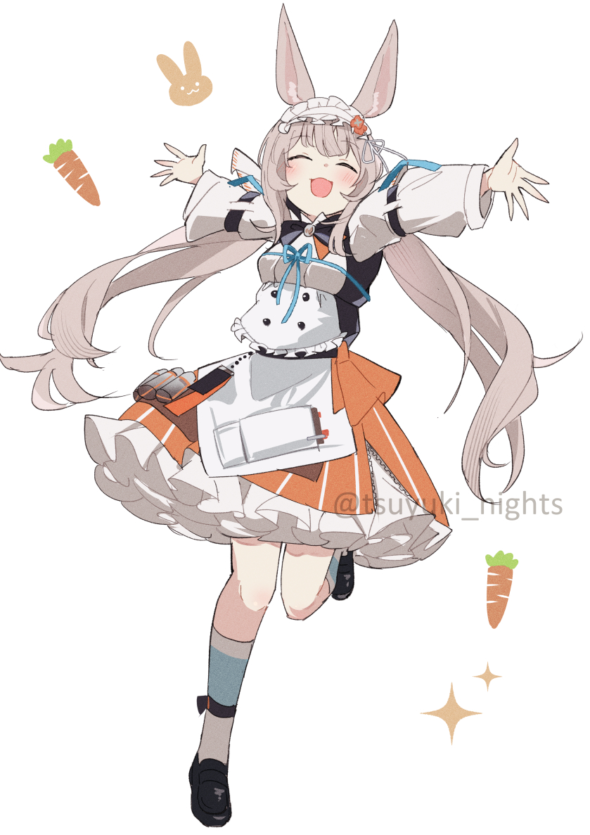 1girl :d ^_^ animal_ears arknights arms_up black_bow black_bowtie black_footwear blush bow bowtie brown_hair carrot closed_eyes frilled_skirt frills full_body long_hair long_sleeves open_mouth orange_skirt rabbit_ears rabbit_girl shirt shoes simple_background skirt smile socks solo standing standing_on_one_leg tsuyuki_yuki twintails twitter_username very_long_hair warmy_(arknights) white_background white_socks