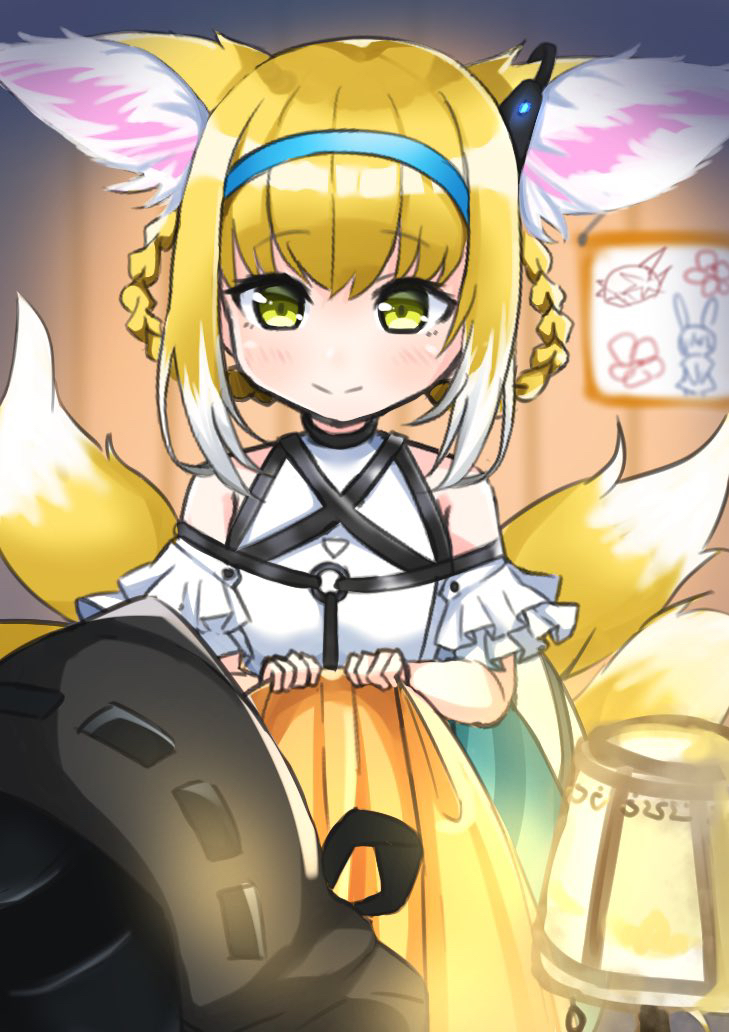 1girl 1other ambiguous_gender amiya_(arknights) animal_ears arknights bare_shoulders blonde_hair blue_hairband blush braid braided_hair_rings child's_drawing closed_mouth clothing_cutout colored_tips commentary doctor_(arknights) fox_ears fox_girl fox_tail frilled_sleeves frills green_eyes hair_rings hairband kitsune kyuubi multicolored_hair multiple_tails nasumikan_(nodoame241) originium_slug_(arknights) short_hair short_sleeves shoulder_cutout smile split_mouth suzuran_(arknights) tail twin_braids two-tone_hair white_hair