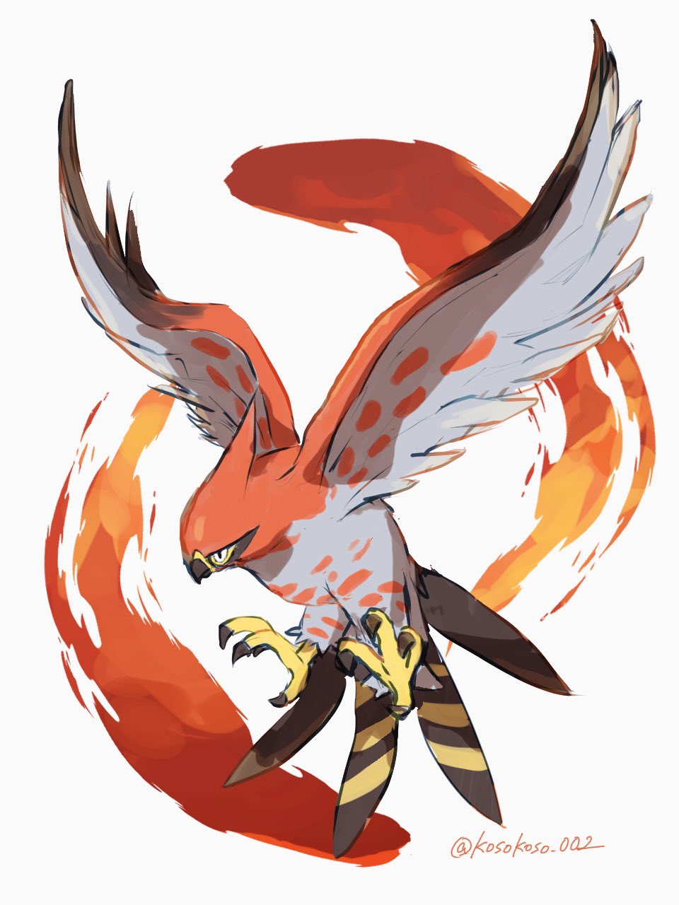 animal_focus artist_name aura beak bird_tail black_eyes commentary_request floating grey_feathers highres kosokoso_002 no_humans orange_feathers pokemon pokemon_(creature) simple_background tail talonflame talons twitter_username white_background wings