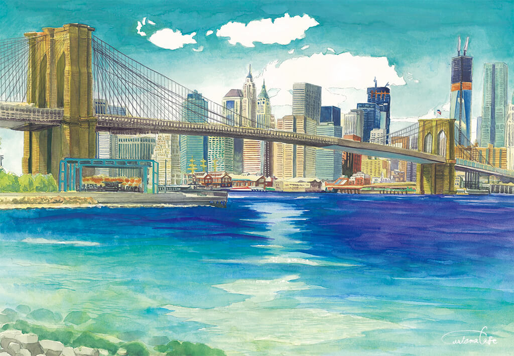 artworksmil blue_sky bridge building city clouds cloudy_sky harbor new_york original painting_(medium) river sky skyscraper traditional_media water watercolor_(medium)