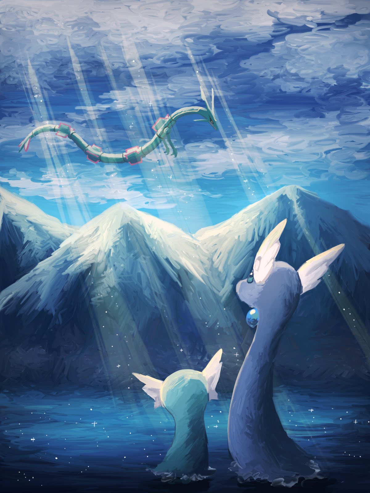 7_phi_3 animal_focus black_sclera blue_eyes blue_skin blue_sky claws clouds colored_sclera colored_skin commentary_request dragonair dratini evolutionary_line head_wings highres joints mountain no_humans pokemon pokemon_(creature) rayquaza sky snake sunlight tail water wings yellow_eyes
