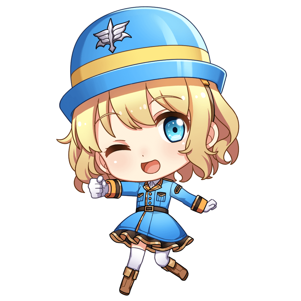 1girl aria_(vivid_army) blonde_hair blue_eyes blue_headwear blue_skirt boots brown_footwear chibi dot_nose full_body gloves hair_between_eyes long_sleeves military military_uniform official_art one_eye_closed short_hair simple_background skirt smile solo standing thigh-highs thumbs_up transparent_background uniform vivid_army white_gloves white_thighhighs zettai_ryouiki