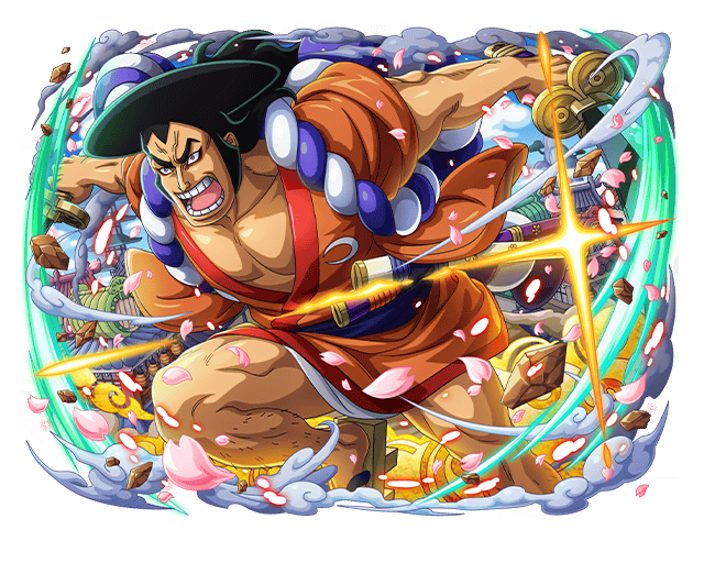 1boy eyeliner fighting fighting_stance food holding holding_weapon kouzuki_oden makeup male_focus manly muscular muscular_male oden one_piece one_piece_treasure_cruise open_mouth pectoral_cleavage pectorals red_eyeliner samurai sideburns solo sword teeth weapon