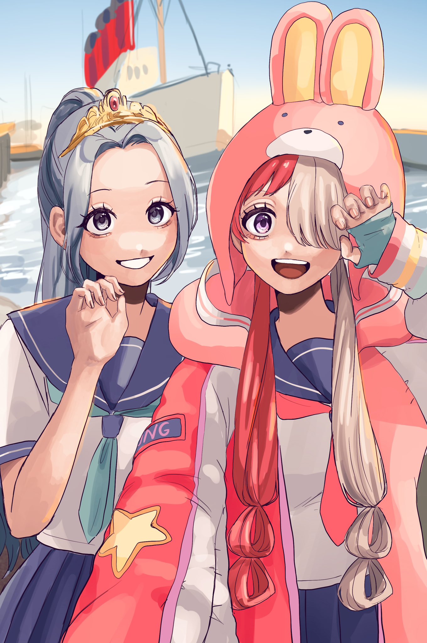 2girls alternate_costume blue_hair commentary_request crown hair_over_one_eye hair_rings highres jyww5335 long_hair looking_at_viewer multicolored_hair multiple_girls nefertari_vivi one_eye_covered one_piece one_piece_film:_red open_mouth outdoors ponytail redhead ship smile split-color_hair teeth twintails uta_(one_piece) violet_eyes watercraft white_hair